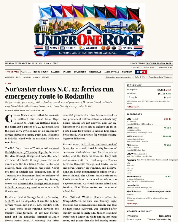 Front page of Under One Roof — September 28, 2026