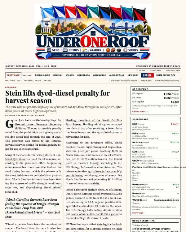 Front page of Under One Roof — October 5, 2026